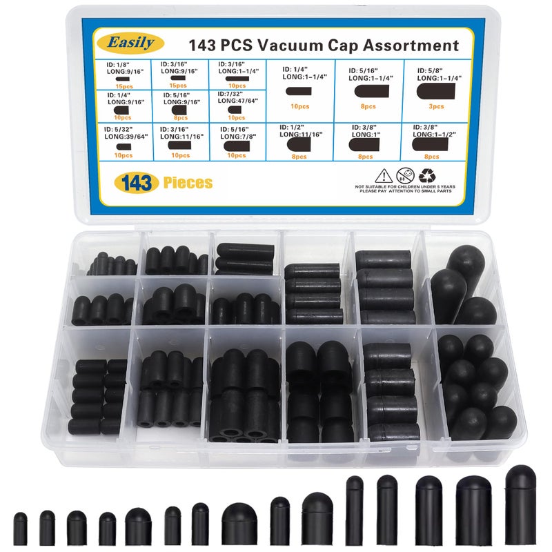 143 Pcs Rubber Vacuum Caps Assortment 15 Sizes Rubber Caps Hose End Caps for Carburetor Manifold Automotive 18 14 532 316 516 732 38 12 58